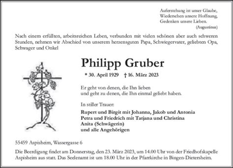 Traueranzeigen Von Philipp Gruber Vrm Trauer De