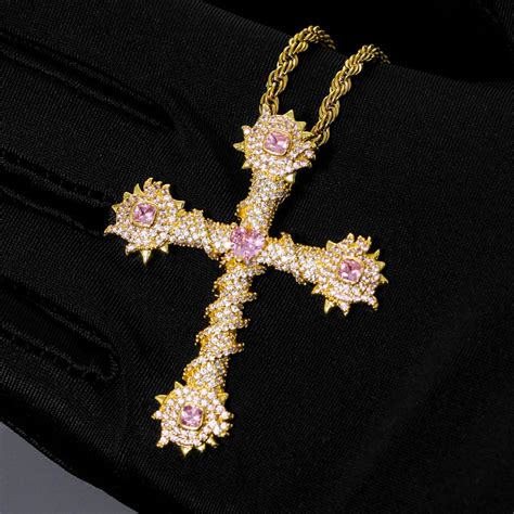 Iced Pink Heart Cross Of Thorns Pendant In Gold Helloice Jewelry