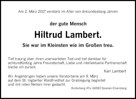 Traueranzeigen Von Hiltrud Lambert Saarbruecker Zeitung Trauer De