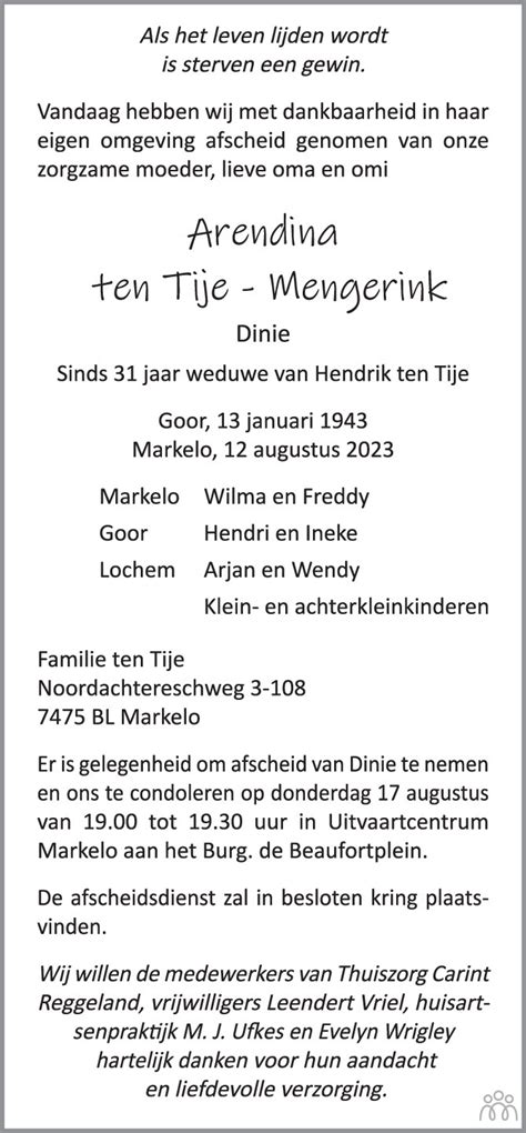 Arendina Dinie Ten Tije Mengerink 12 08 2023 Overlijdensbericht En