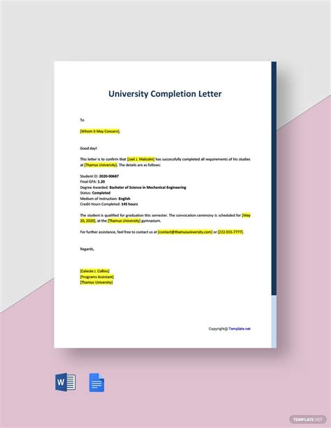 university completion letter  word google docs