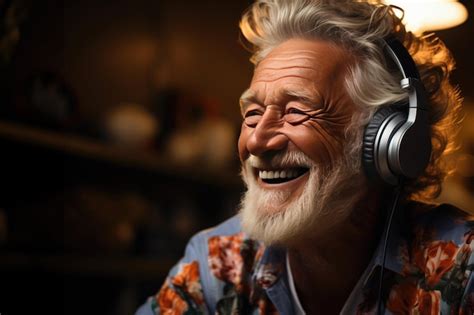 Premium Photo Portrait Of Cheerful Senior Man Listening To Music With