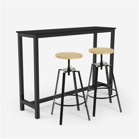 Essex Table Haute Noire 140x40cm 2 Tabourets De Bar Pivotants