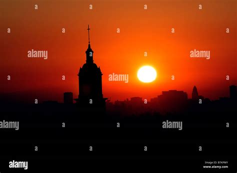 Blessed Sacrament Catholic Church spire at sunrise Hollywood sunset ...