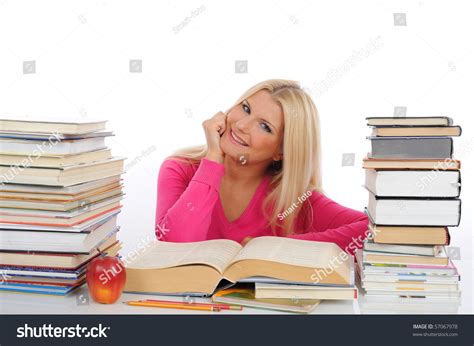 Young Pretty Smart Woman With Lots Of Books Reading And Study. Isolated ...