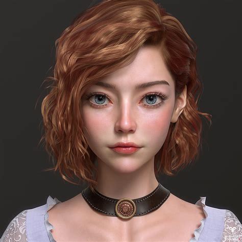 Wang Chen Cgi Women Portrait Brunette Short Hair Blue Eyes