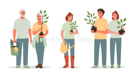 Set Of People Of Different Ages With Plants And Gardening Tools In His