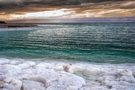 Salt Beach Of The Dead Sea At Sunset Jordan Stock Photo Image Of