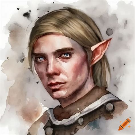 Watercolor Portrait Of A 32 Year Old Half Elf Rogue Character With Blond Hair And Dark Eyes On