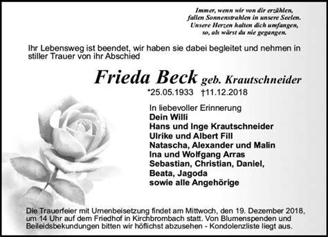 Traueranzeigen Von Frieda Beck Vrm Trauer De