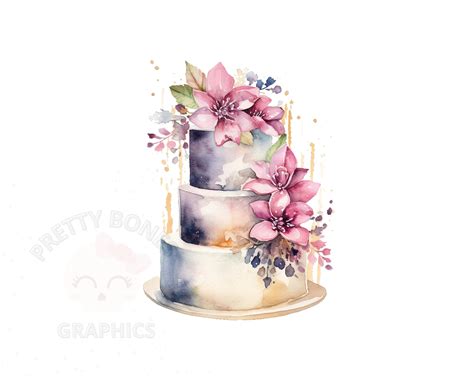 Watercolor Floral Cake Clipart Png Instant Download File Digital