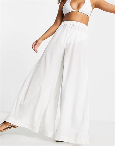 Asos Design Wide Leg Beach Pants In White Asos