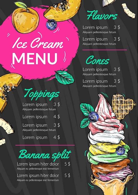 Modèle de menu de tableau de crème glacée dessiné à la main Vecteur