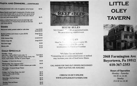 Menu at Little Oley Tavern pub & bar, Boyertown