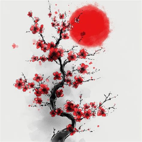 Chinese Ink Painting Of Plum Blossom And Red Sun On White Background