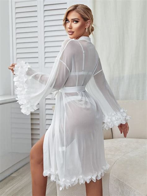 Appliques Trumpet Sleeve Belted Mesh Sleep Robe Without Lingerie Set