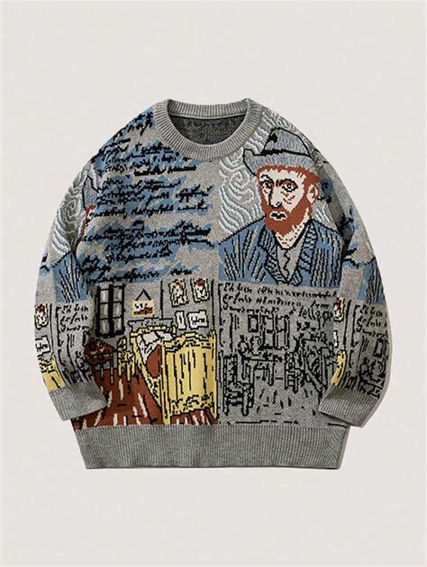 Mens Drop Shoulder Knit Sweater With Van Goghs Bedroom Pattern