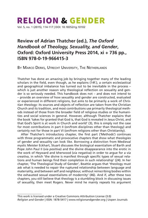 Pdf Review Of Adrian Thatcher Ed The Oxford Handbook Of Theology Sexuality And Gender