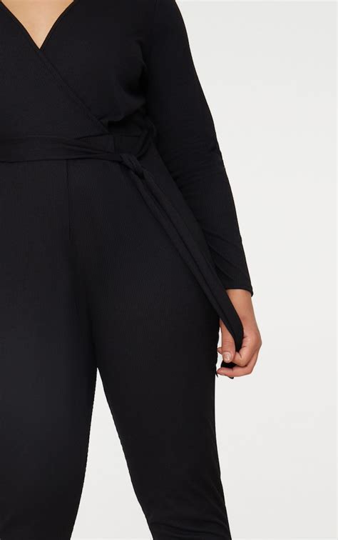 Plus Black Ribbed Wrap Front Jumpsuit Plus Prettylittlething