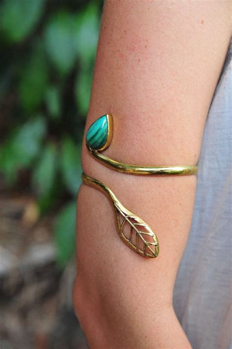 Fairy Elven Fairy Leaf Goddess Brass Malachite Stone Upper Arm Etsy Upper Arm Cuffs Upper