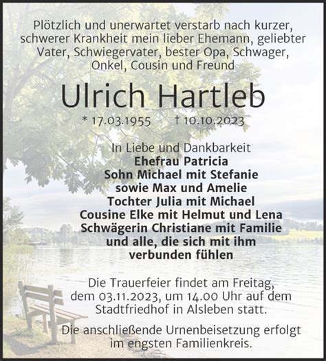 Traueranzeigen Von Ulrich Hartleb Abschied Nehmen De