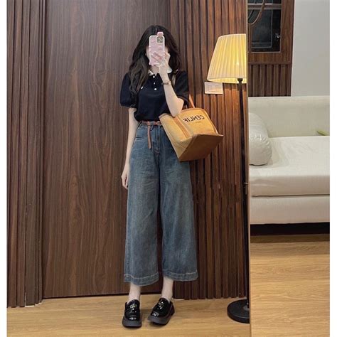 Quần jeans bò nữ ống suông rộng dáng lỡ siêu hot cạp cao lưng cao DENIM hàng QCCC TẶNG kèm đai