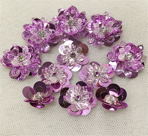 Sequins Crystal Beaded Purple Flower Applique Cloth DIY Brooch Badge