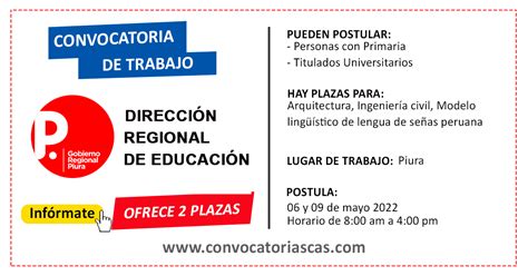 CONVOCATORIA DIRECCIÓN DE EDUCACIÓN DRE PIURA CAS 2 Plazas