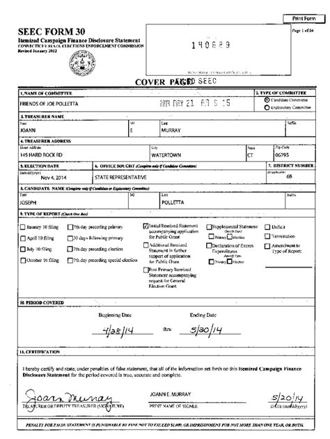 Fillable Online Seec Ct PDF SEEC Form 30 Itemized Campaign Finance