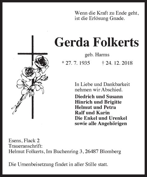 Traueranzeigen Von Gerda Folkerts Nordwest Trauer De