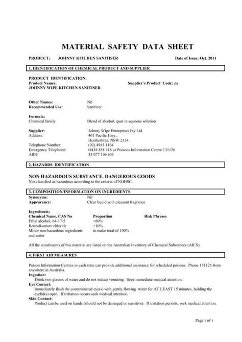 Sample Msds Sheet