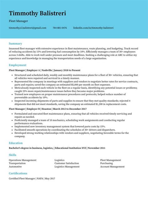 Fleet Manager Resume Cv Example And Writing Guide