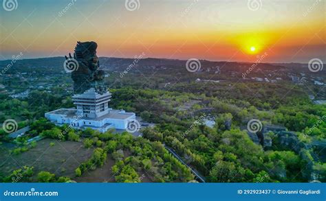 Amazing Aerial View Of Patung Garuda Wisnu Kencana In Bali At Sunset