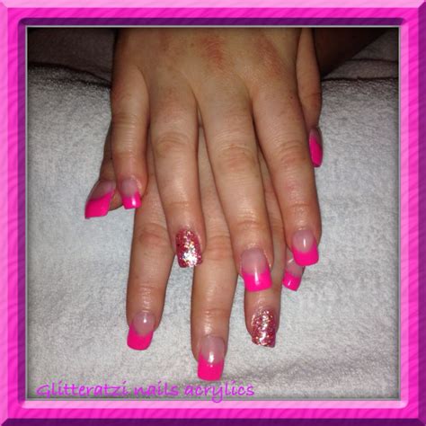 Acrylics Neon Pink And Raspberry Pink Chunky Glitter Ring Finger Nails Glitter Ring Gel Nails