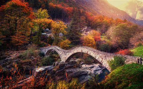 Download wallpapers Verzasca valley, Switzerland, autumn, stone bridge ...