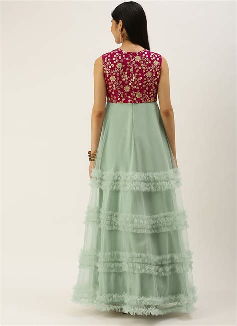 Buy Pink Embroidered Chinon N Mint Green Net Gown Festive Wear Online