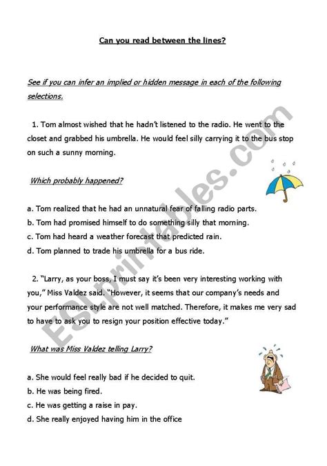 Read Between The Lines Esl Worksheet By Yelena