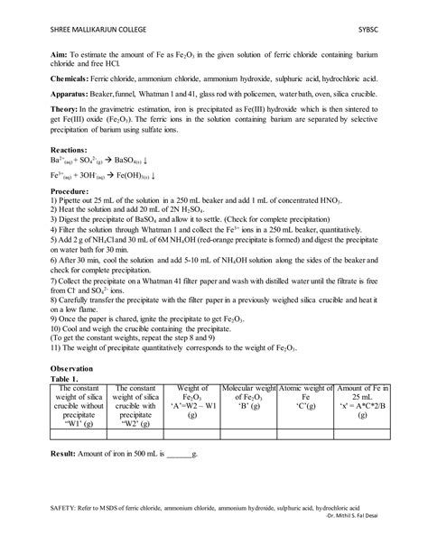 To Estimate The Amount Of Fe As Fe2o3 In The Given Solution Of Ferric