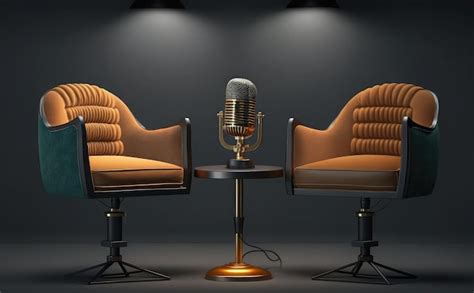 A Microphone And Two Chairs Are Next To Each Other In Front Of A Black