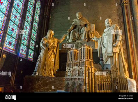 Paris France Statues On Display Architectural Model Inside French Catholic Church Notre