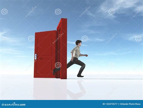 Young Man Running To An Opened Door Stock Illustration Illustration