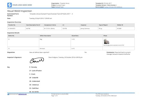 Welding Inspection Report Template Creative Template Inspiration