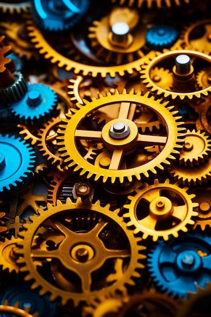 Premium Photo Close Up Of Bunch Of Gears On Table With Clock In The