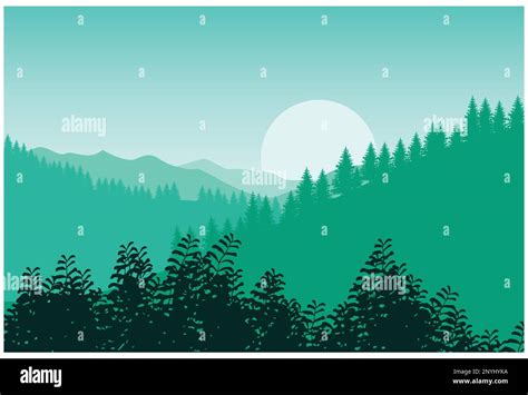 Vector Illustration Of A Beautiful Panoramic View Mountains In Fog