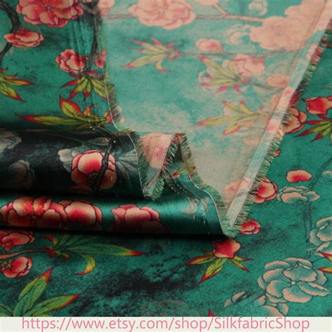 Cherry Blossom Floral Print Green Stretch Silk Satin Fabric Etsy