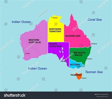 Australia State Map Capital Cities Colored Stock Vector (Royalty Free ...