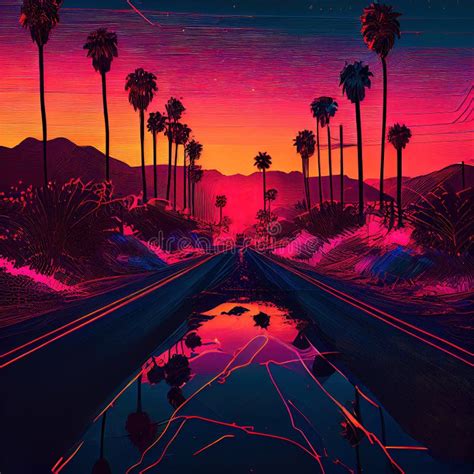 Illustration Of Palm Trees Along The Road In The Desert At Sunset Ai