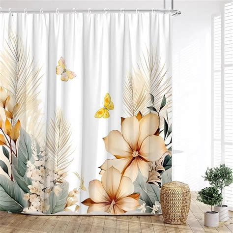 Leaf Shower Curtain Spring Flower Botanical Butterfly Palm Leaf Farm