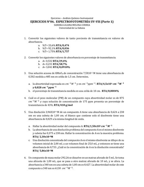 Ejercicios 6 Espectrofotometría Uv Vis Parte 1 Respuestas