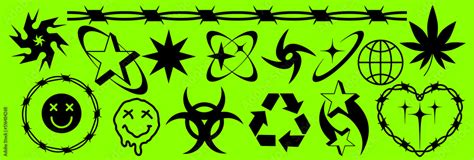 Y K Acid Rave Set Of Abstract Trendy Shapes Barb Wires Cool Trippy Symbols Hardcore Rock